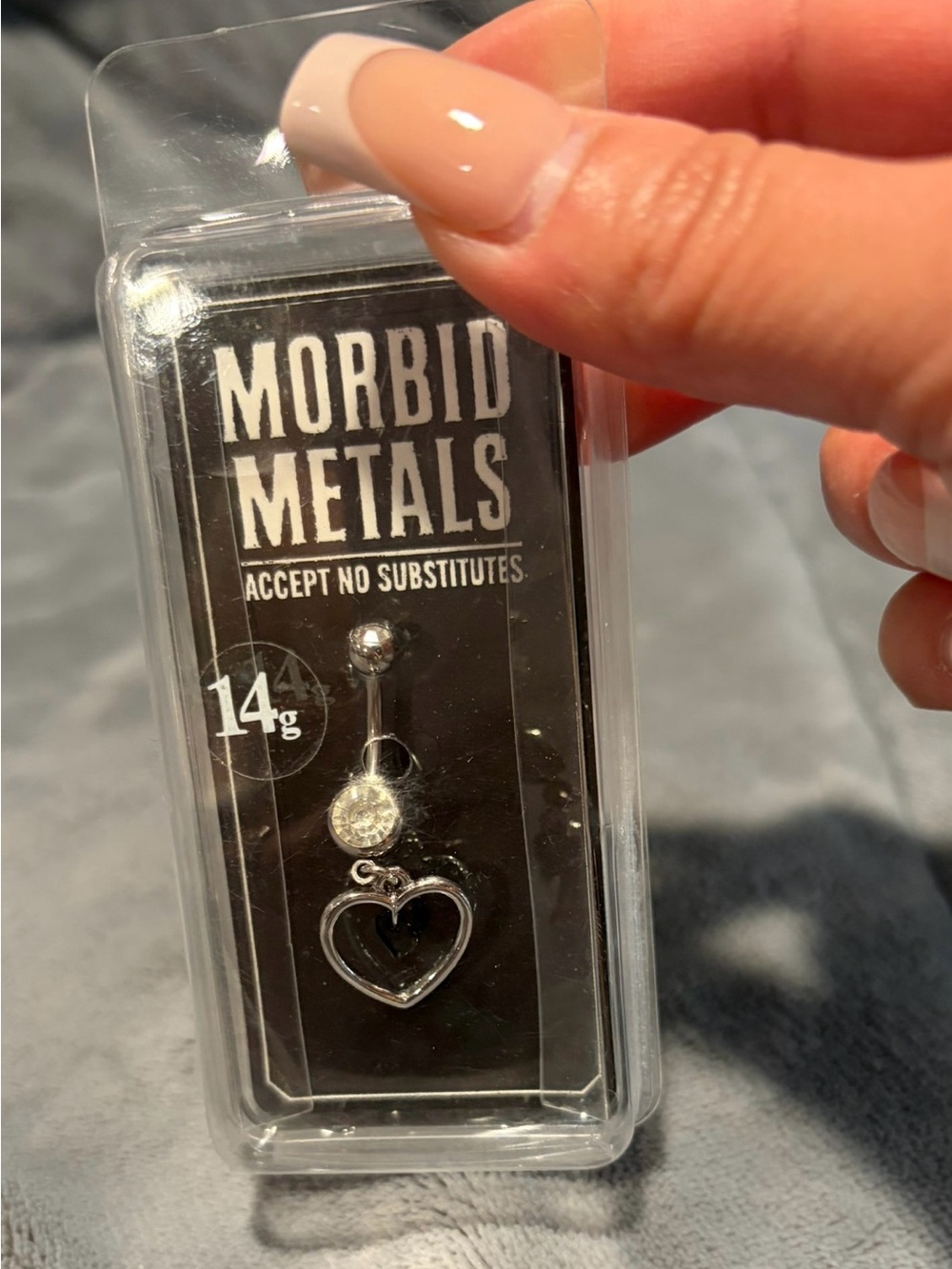 Morbid Metals Silver Heart Dangle Navel Ring with Clear Gem